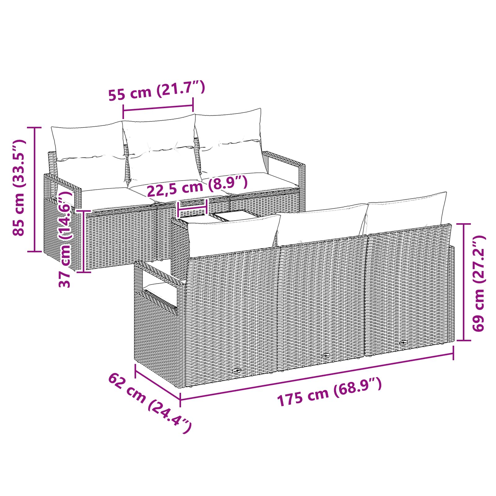 Set di divani con cuscino 7 pcs Nero e Turchese polyrattan | homemem39