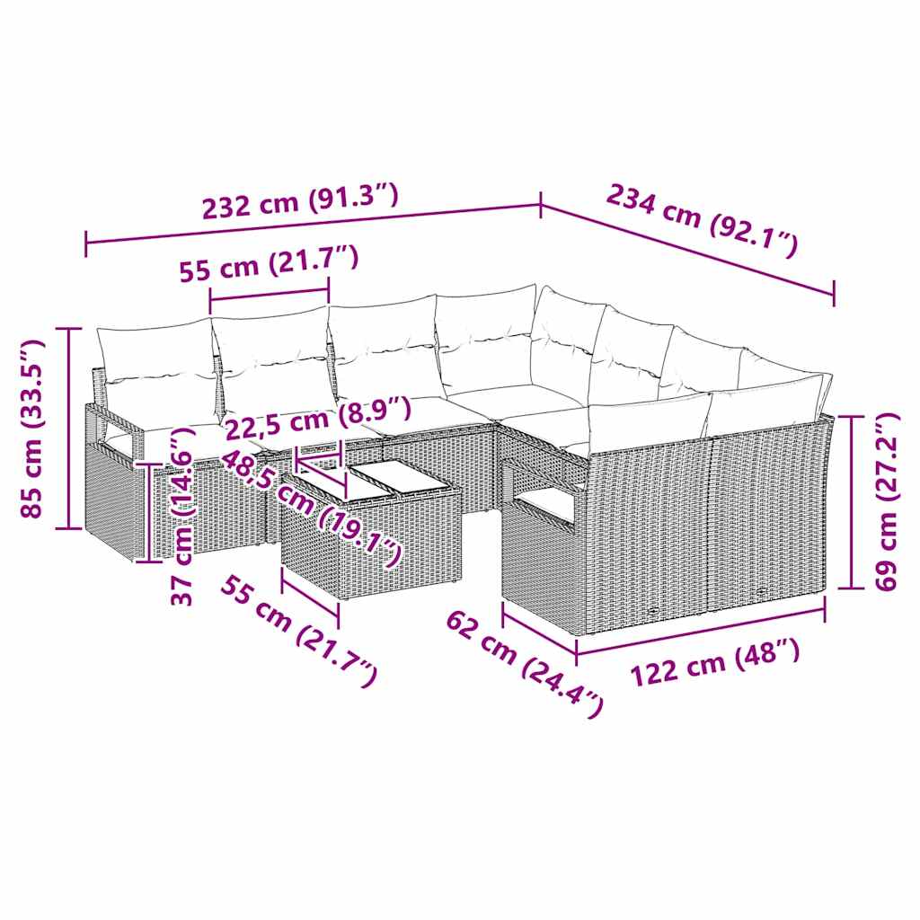 Set Divano da Giardino 9 pcs Beige e Crema 55 x 55 x 37 cm