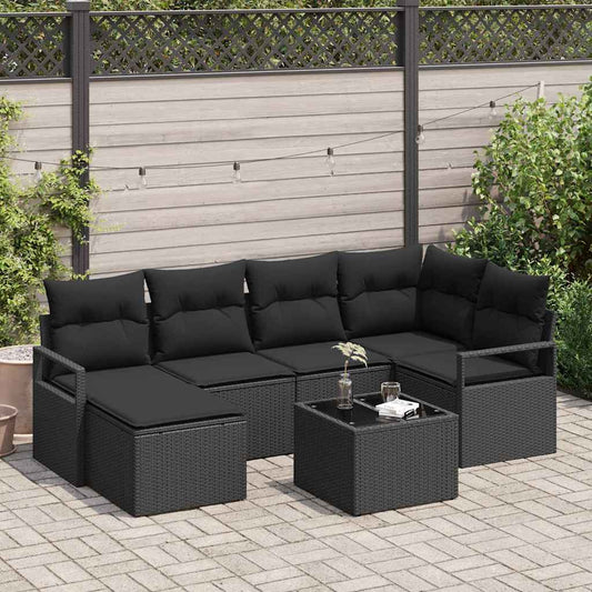 Set Divano da Giardino 7 pcs Nero Poly Rattan