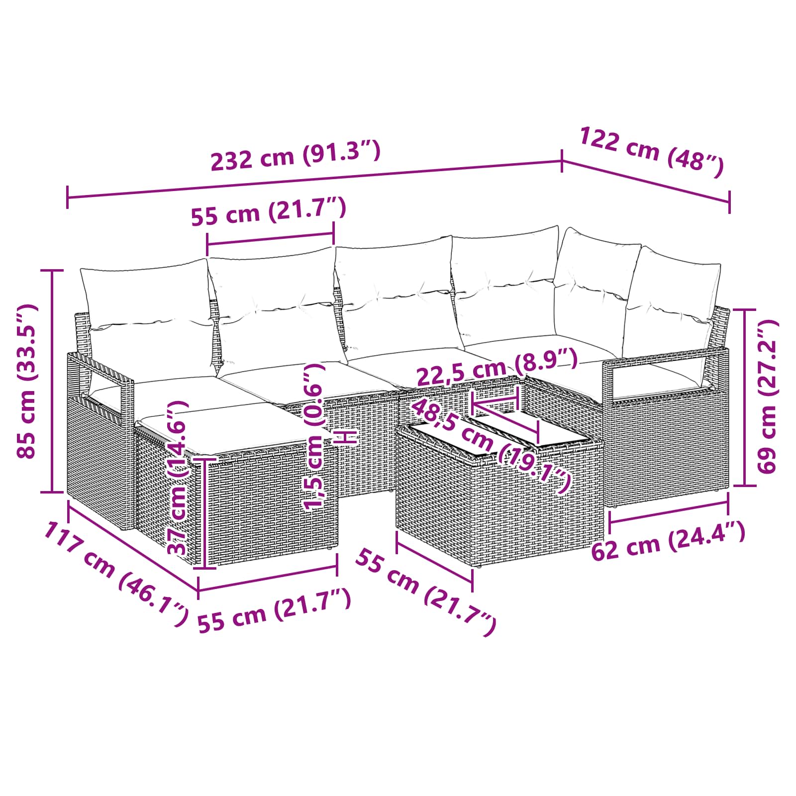 Set di divani con cuscino 7 pcs Nero polyrattan | homemem39