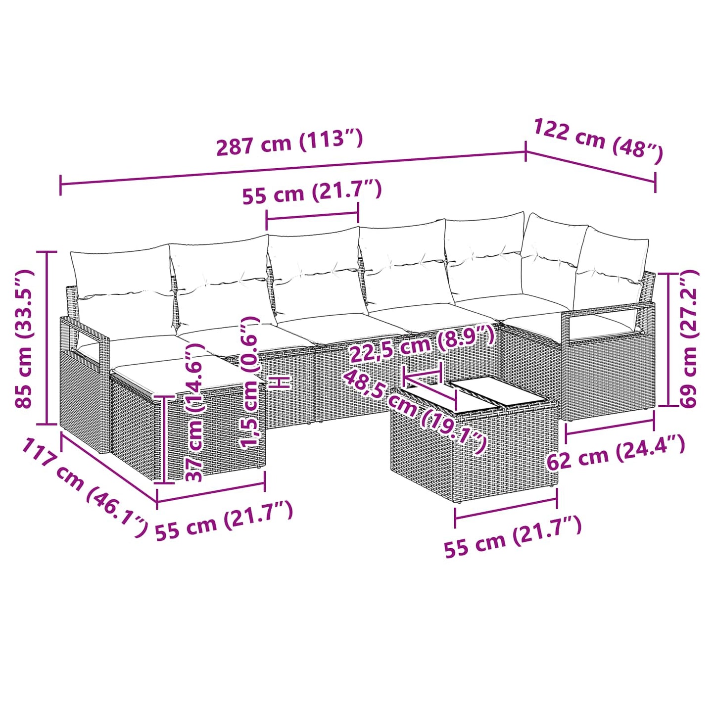 Set di divani con cuscino 8 pcs Nero polyrattan | homemem39