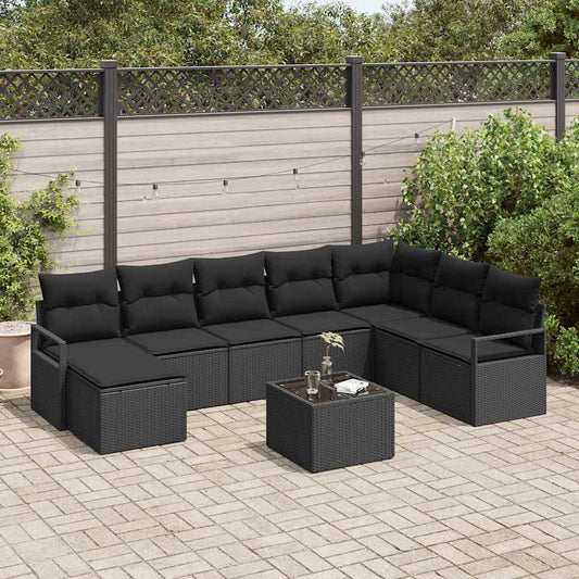 Set Divano da Giardino 9 pcs Nero Poly Rattan