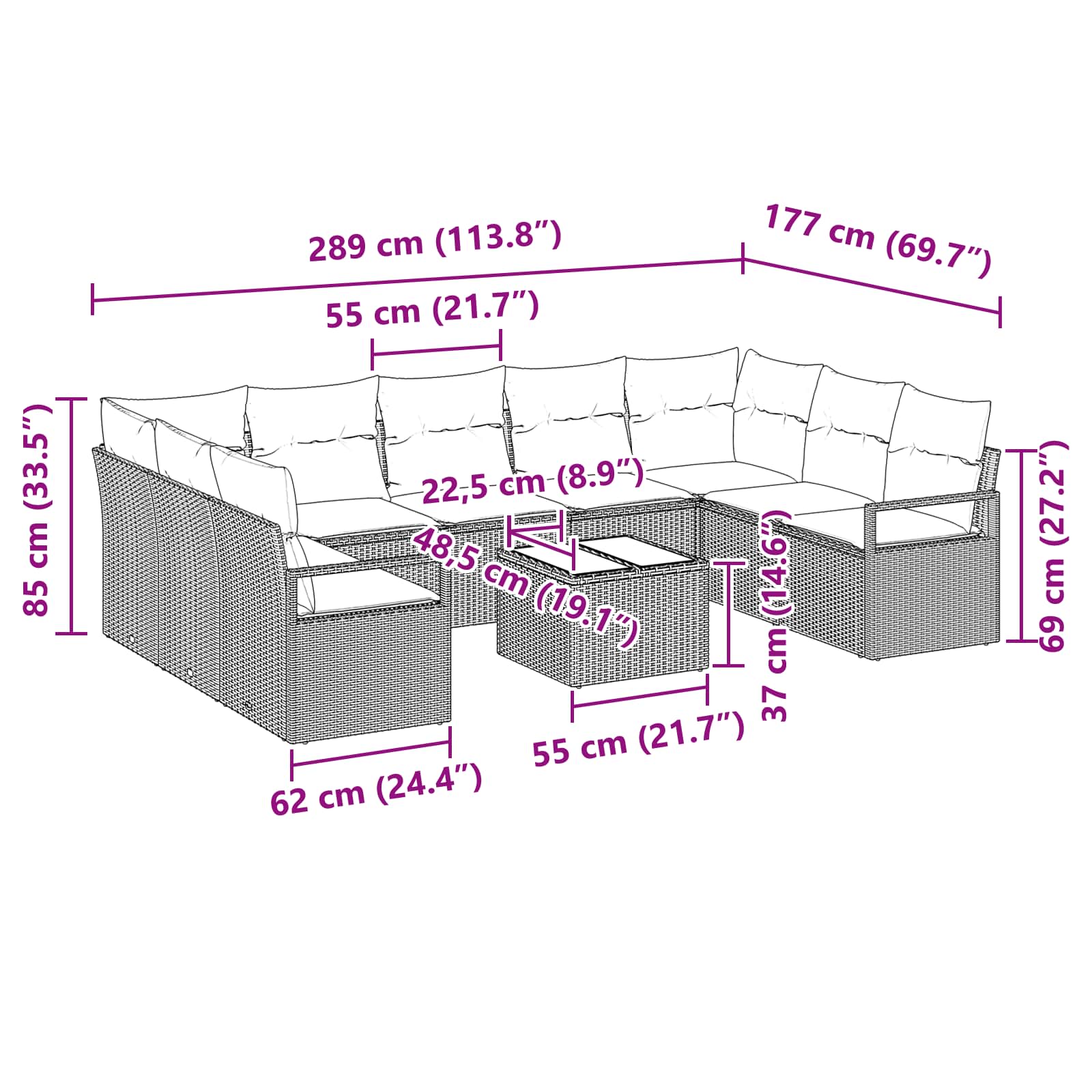 Set di divani con cuscino 10 pcs Grigio polyrattan | homemem39