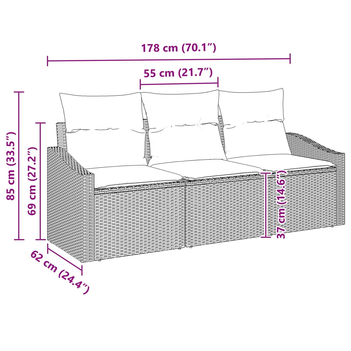 Set di divani con cuscino 3 pcs Nero polyrattan | homemem39