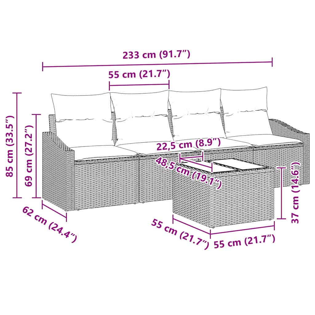 Set Divano da Giardino con cuscino 5 pcs Grigio 55 x 55 x 37 cm