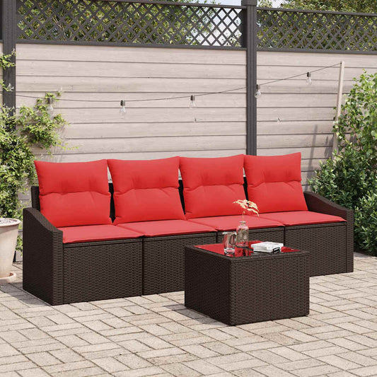 Set di divani 5 pz 3-Numero di posti Marrone e Rosso polyrattan | homemem39
