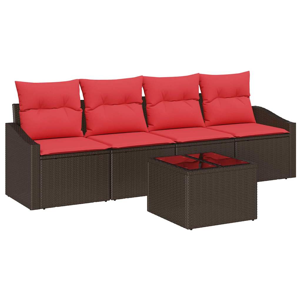 Set di divani 5 pz 3-Numero di posti Marrone e Rosso polyrattan | homemem39