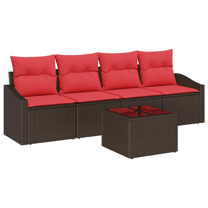 Set di divani 5 pz 3-Numero di posti Marrone e Rosso polyrattan | homemem39