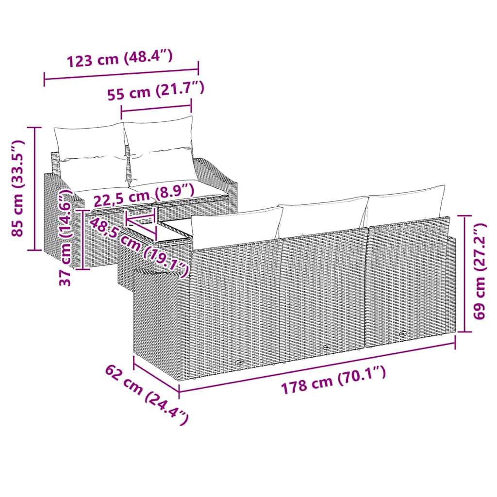 Set Divano da Giardino 6 pcs Marrone e Crema 55 x 55 x 37 cm