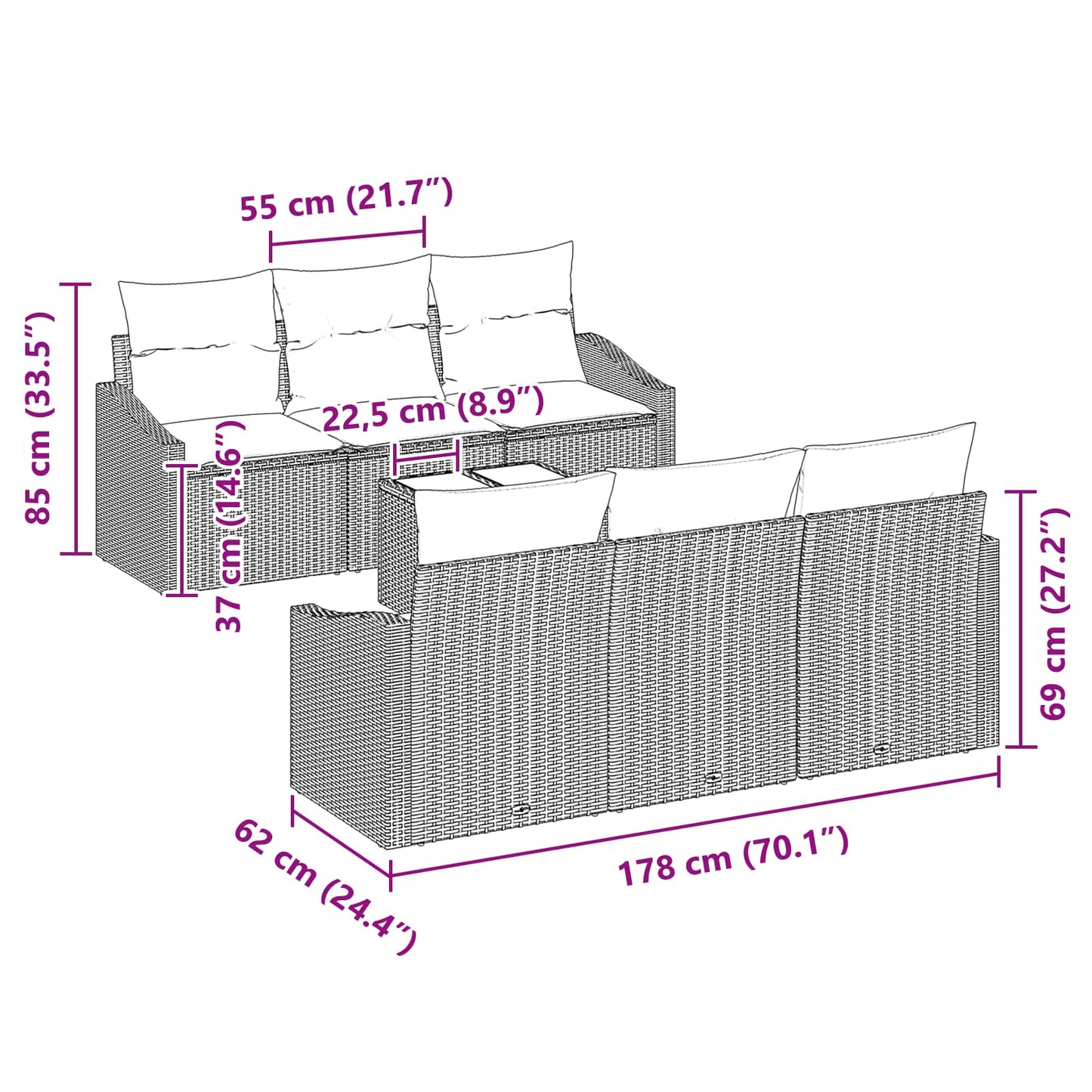 Set di divani 7 pz 3-Numero di posti Marrone e Rosso polyrattan | homemem39