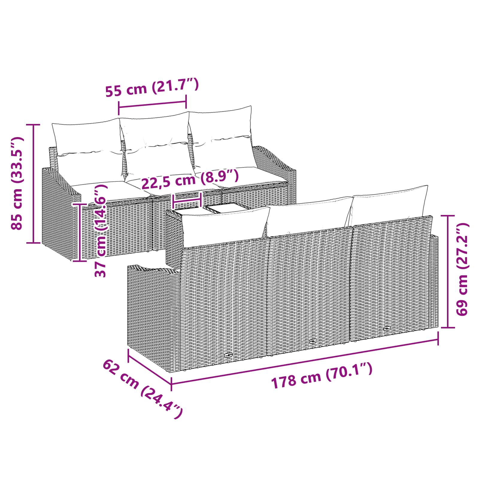 Set di divani con cuscino 7 pcs Nero e Turchese polyrattan | homemem39