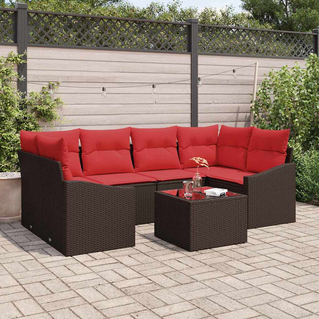 Set di divani 7 pz 3-Numero di posti Marrone e Rosso polyrattan | homemem39