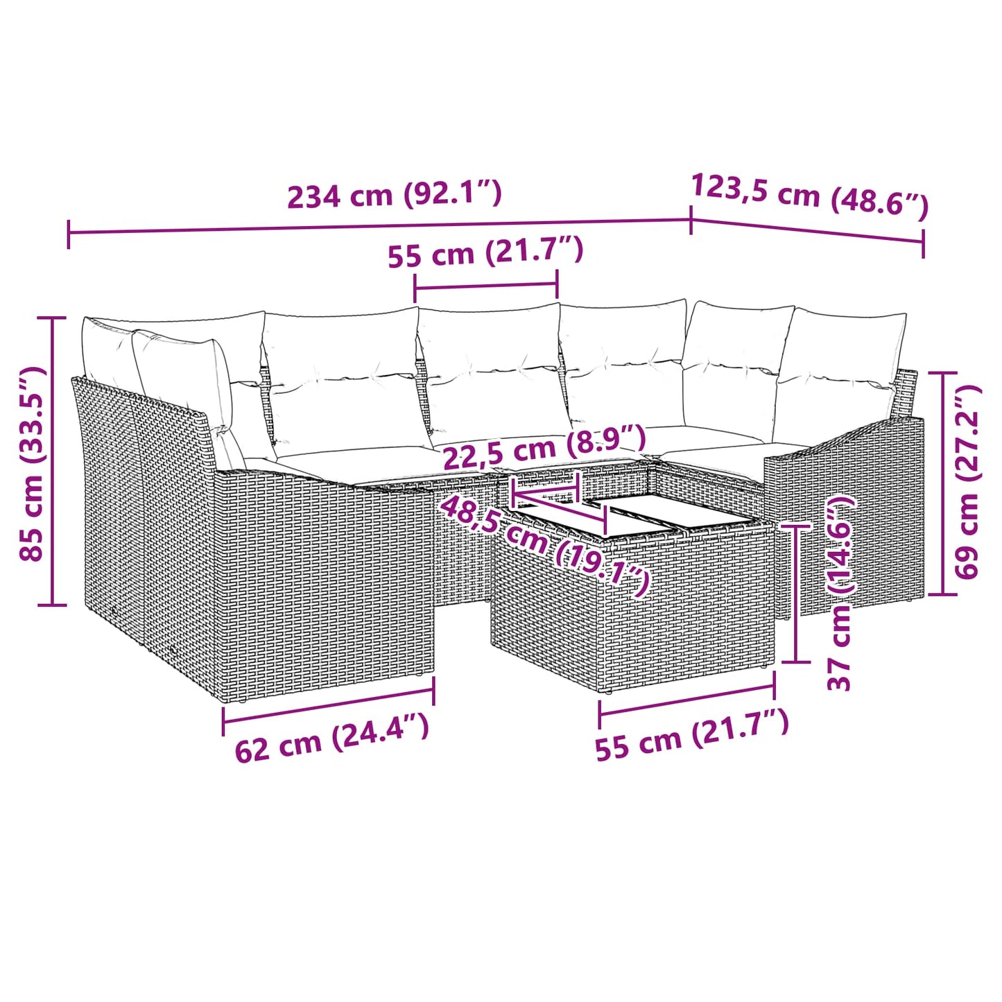 Set di divani con cuscino 7 pcs Nero e Turchese polyrattan | homemem39