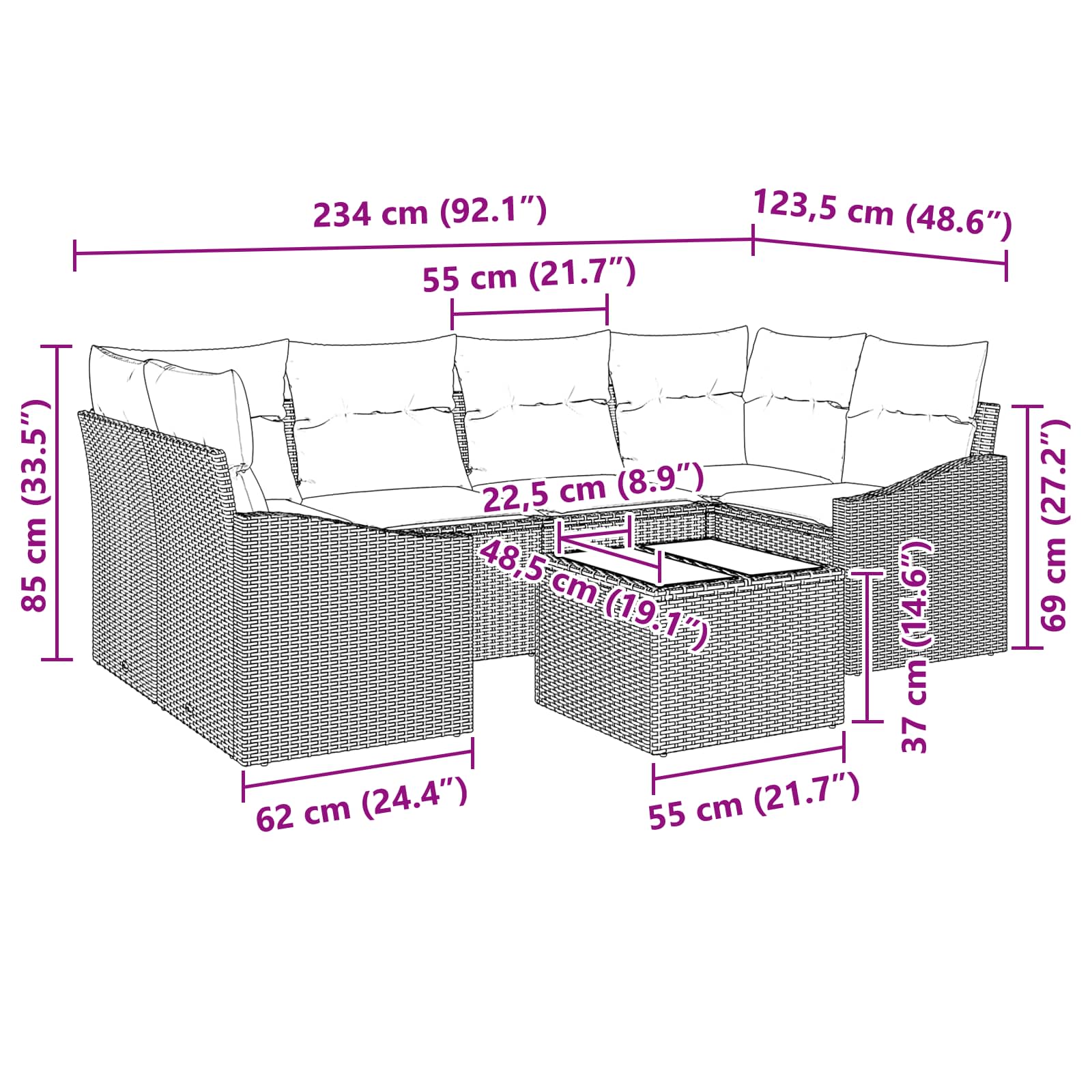 Set di divani con cuscino 7 pcs Nero e Turchese polyrattan | homemem39