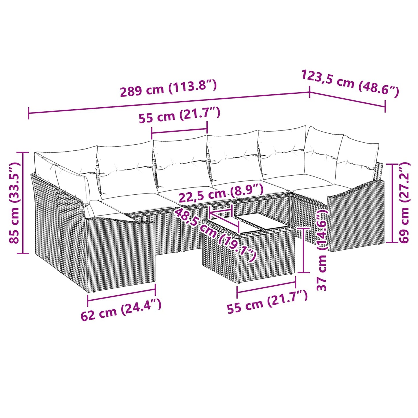 Set di divani con cuscino 8 pcs Nero e Turchese polyrattan | homemem39