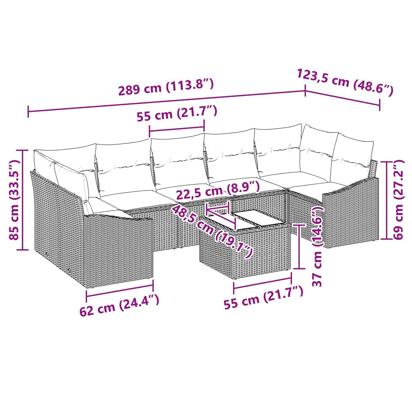 Set di divani con cuscino 8 pcs Nero e Turchese polyrattan | homemem39