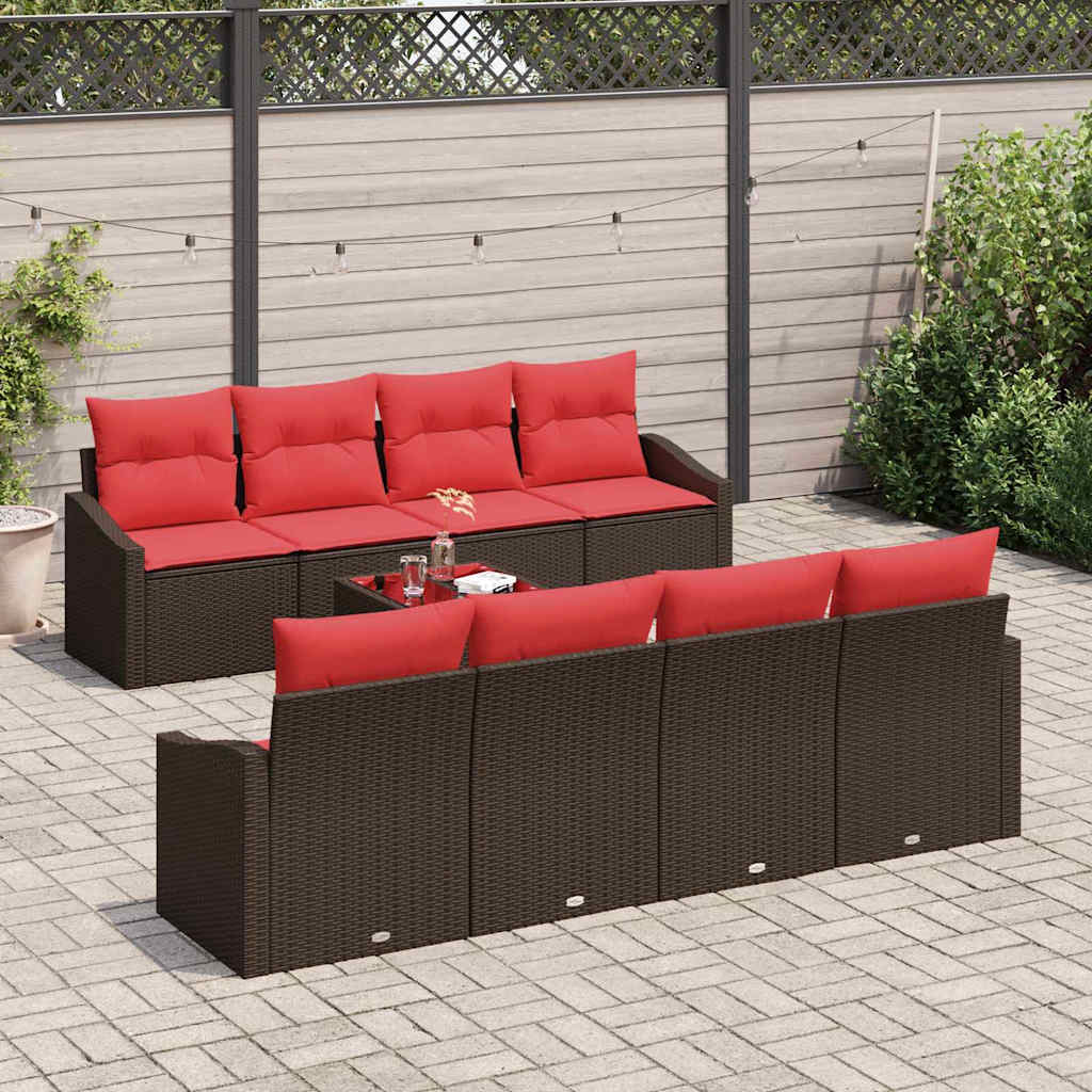 Set di divani 9 pz 3-Numero di posti Marrone e Rosso polyrattan | homemem39