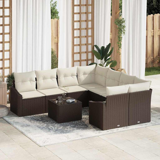 Set di divani con cuscino 9 pcs Marrone e Crema polyrattan