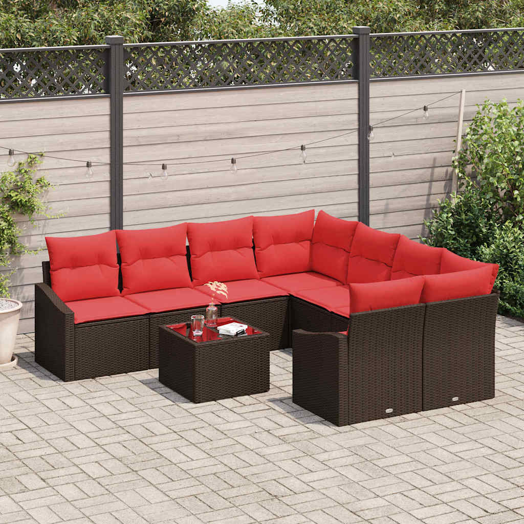 Set di divani 9 pz 3-Numero di posti Marrone e Rosso polyrattan | homemem39