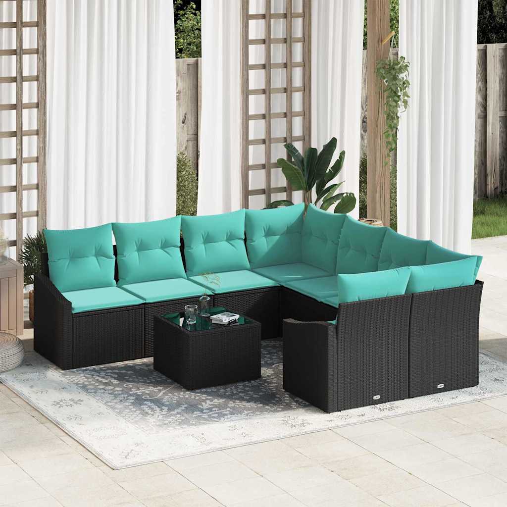 Set di divani con cuscino 9 pcs Nero e Turchese polyrattan | homemem39