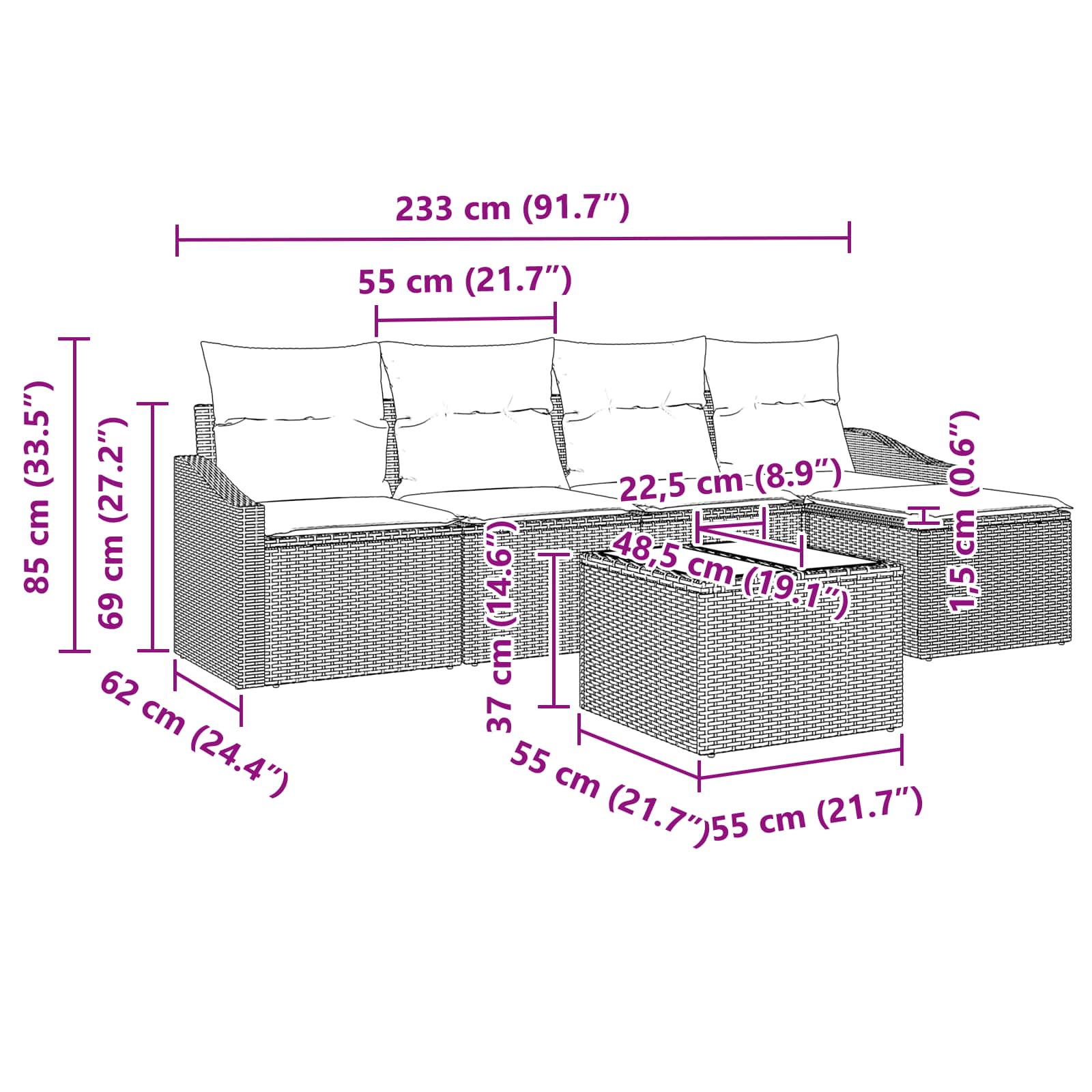 Set di divani con cuscino 6 pcs Nero polyrattan | homemem39