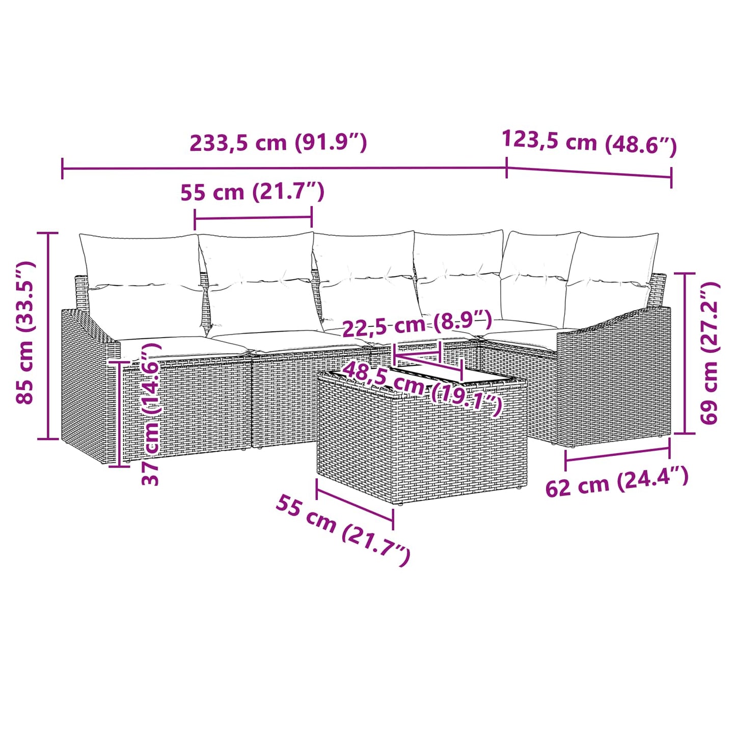 Set di divani con cuscino 6 pcs Nero polyrattan | homemem39