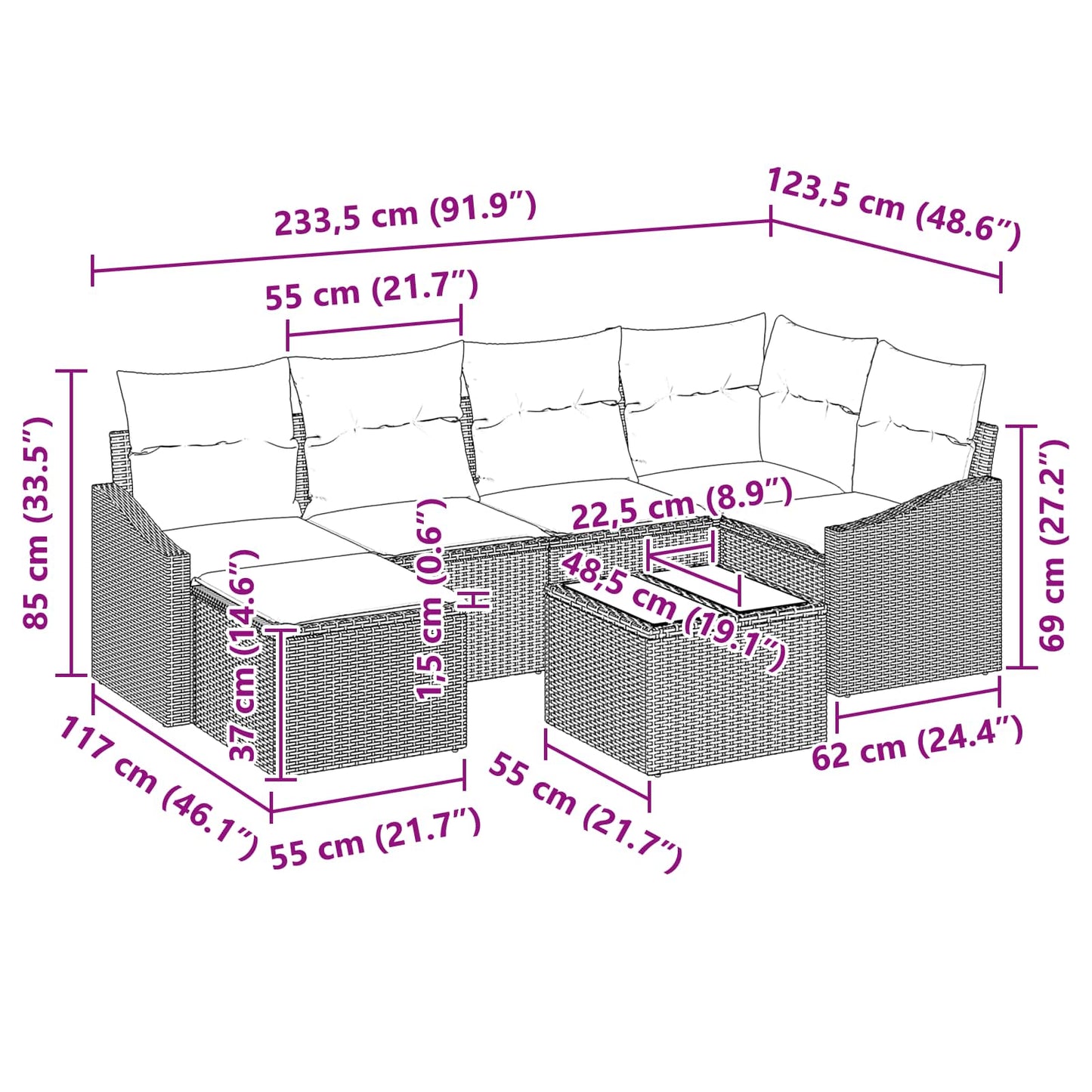 Set di divani con cuscino 7 pcs Nero polyrattan | homemem39