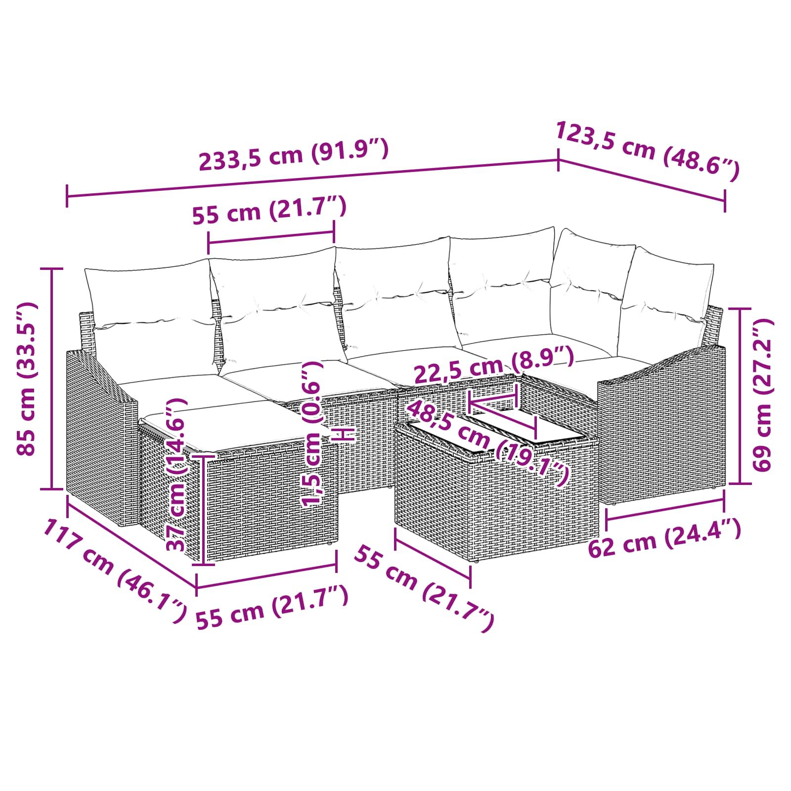 Set di divani con cuscino 7 pcs Nero polyrattan | homemem39