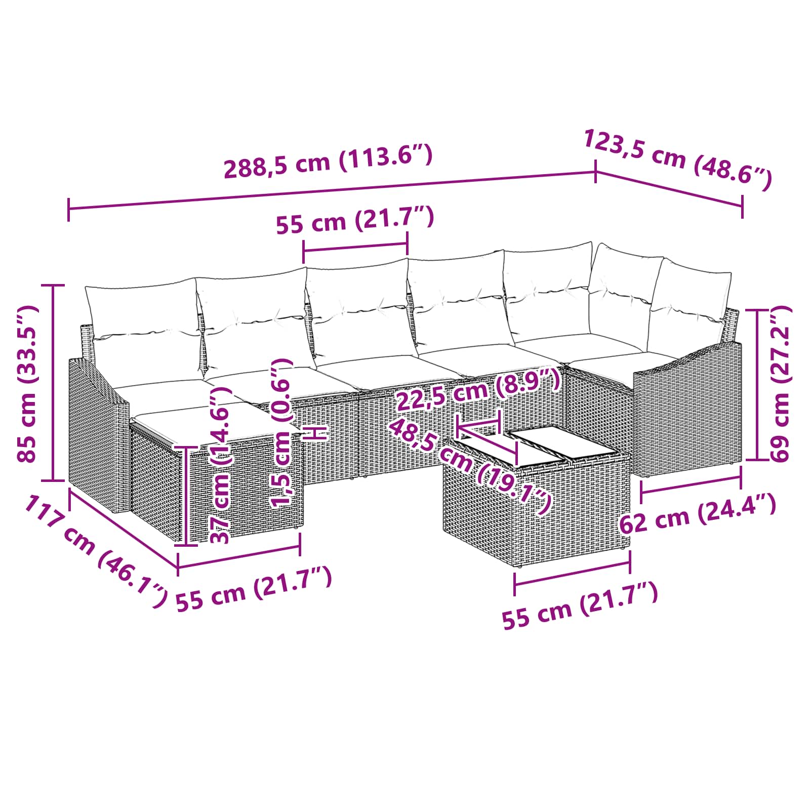 Set di divani con cuscino 8 pcs Nero polyrattan | homemem39