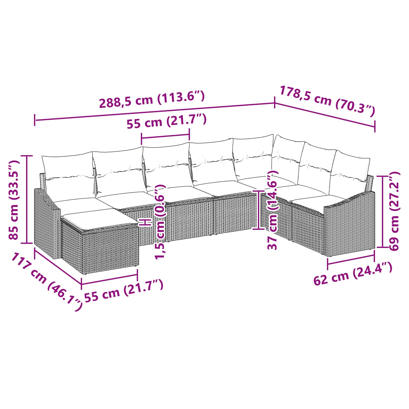 Set di divani con cuscino 8 pcs Nero polyrattan | homemem39