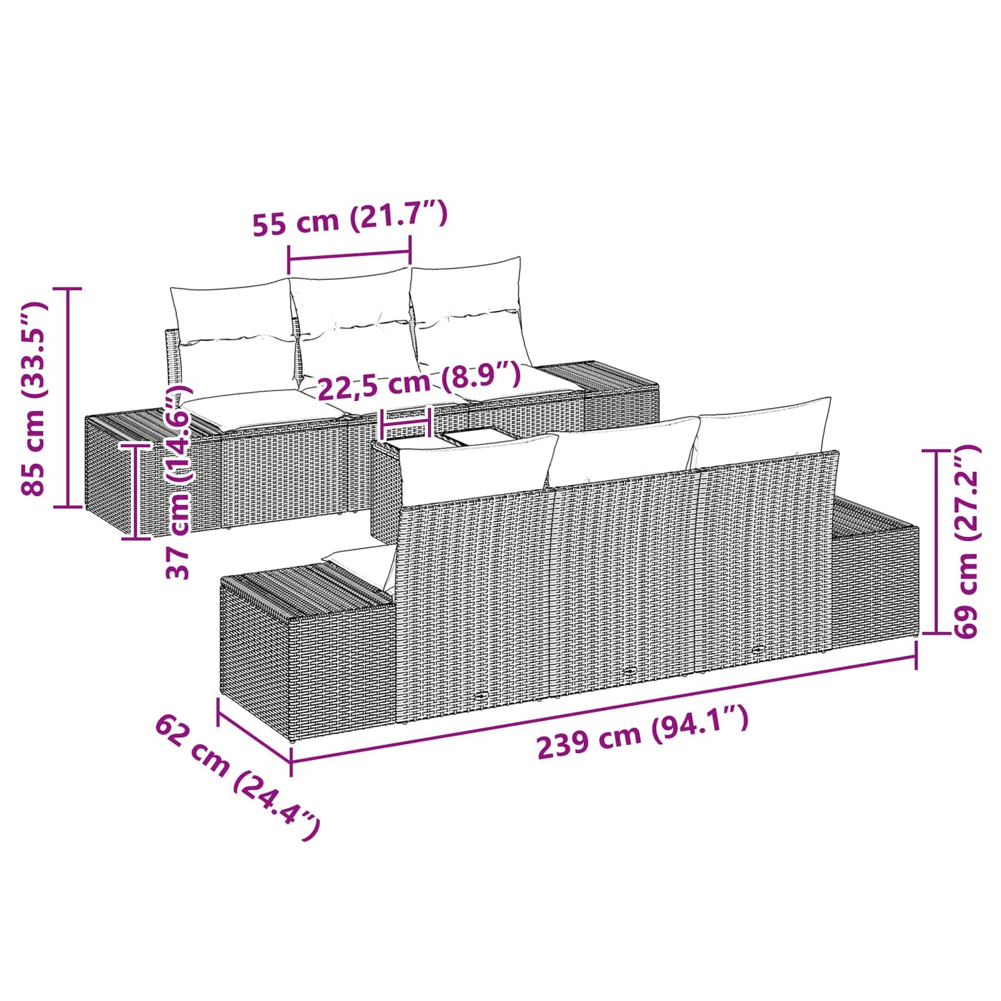 Set Divano da Giardino 7 pz Nero polyrattan | homemem39