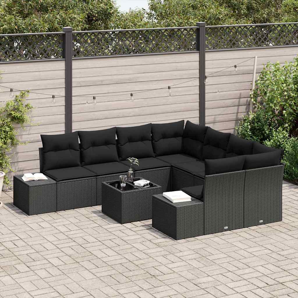 Set Divano da Giardino con cuscino 9 pcs Nero polyrattan | homemem39