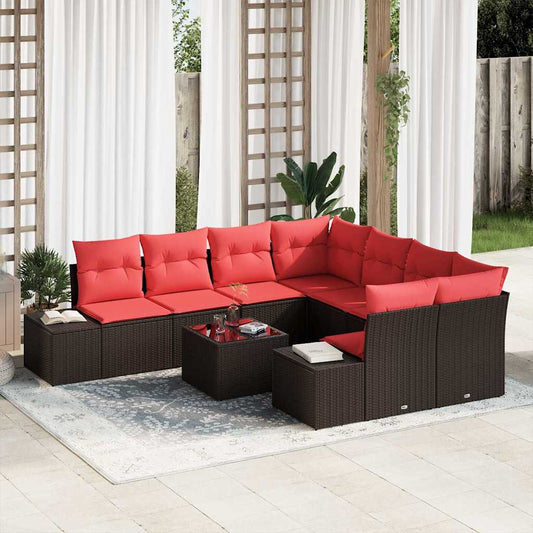 Set Divano da Giardino con cuscino 9 pcs Marrone polyrattan
