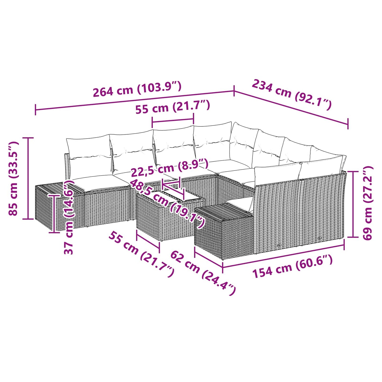Set Divano da Giardino con cuscino 9 pcs Marrone polyrattan | homemem39