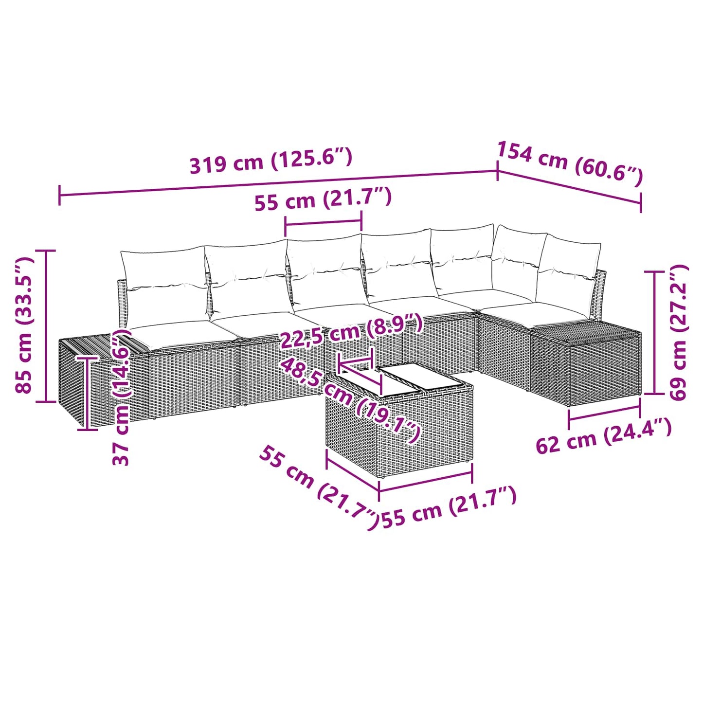 Set Divano da Giardino 7 pz Nero polyrattan