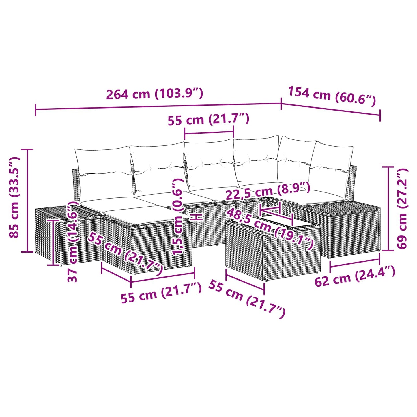 Set Divano da Giardino con cuscino 7 pcs Marrone polyrattan | homemem39