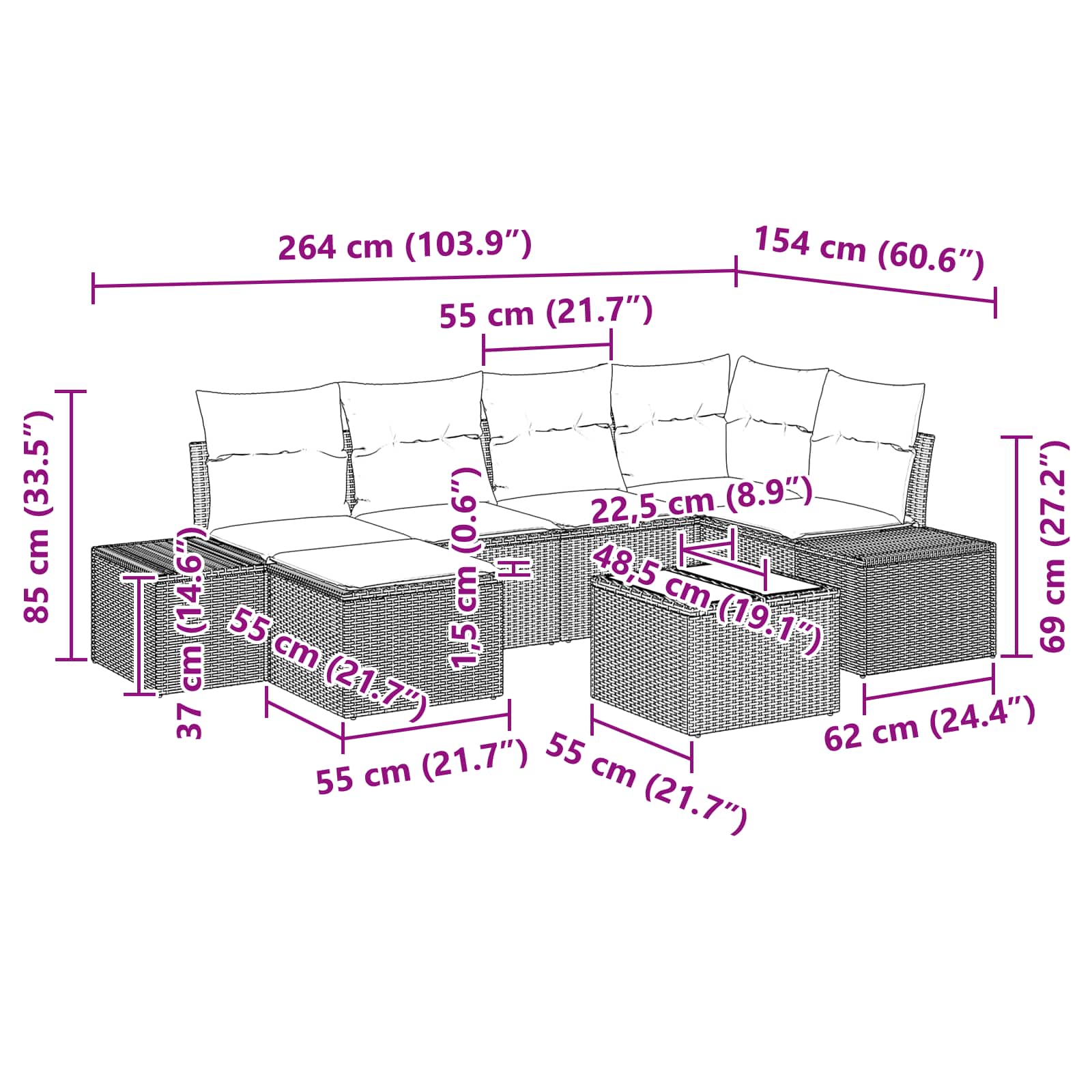 Set Divano da Giardino 7 pz Nero polyrattan | homemem39