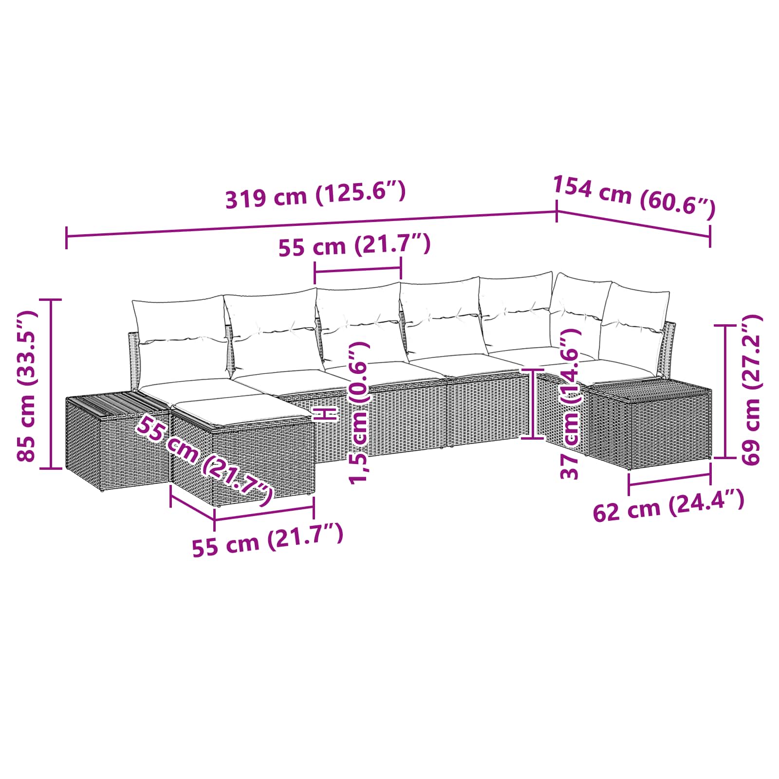 Set Divano da Giardino con cuscino 7 pcs Marrone polyrattan | homemem39
