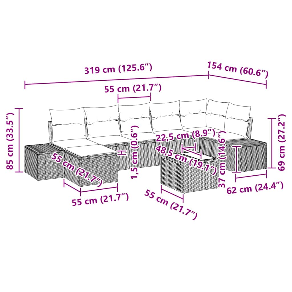 Set Divano da Giardino con cuscino 8 pcs Beige polyrattan | homemem39