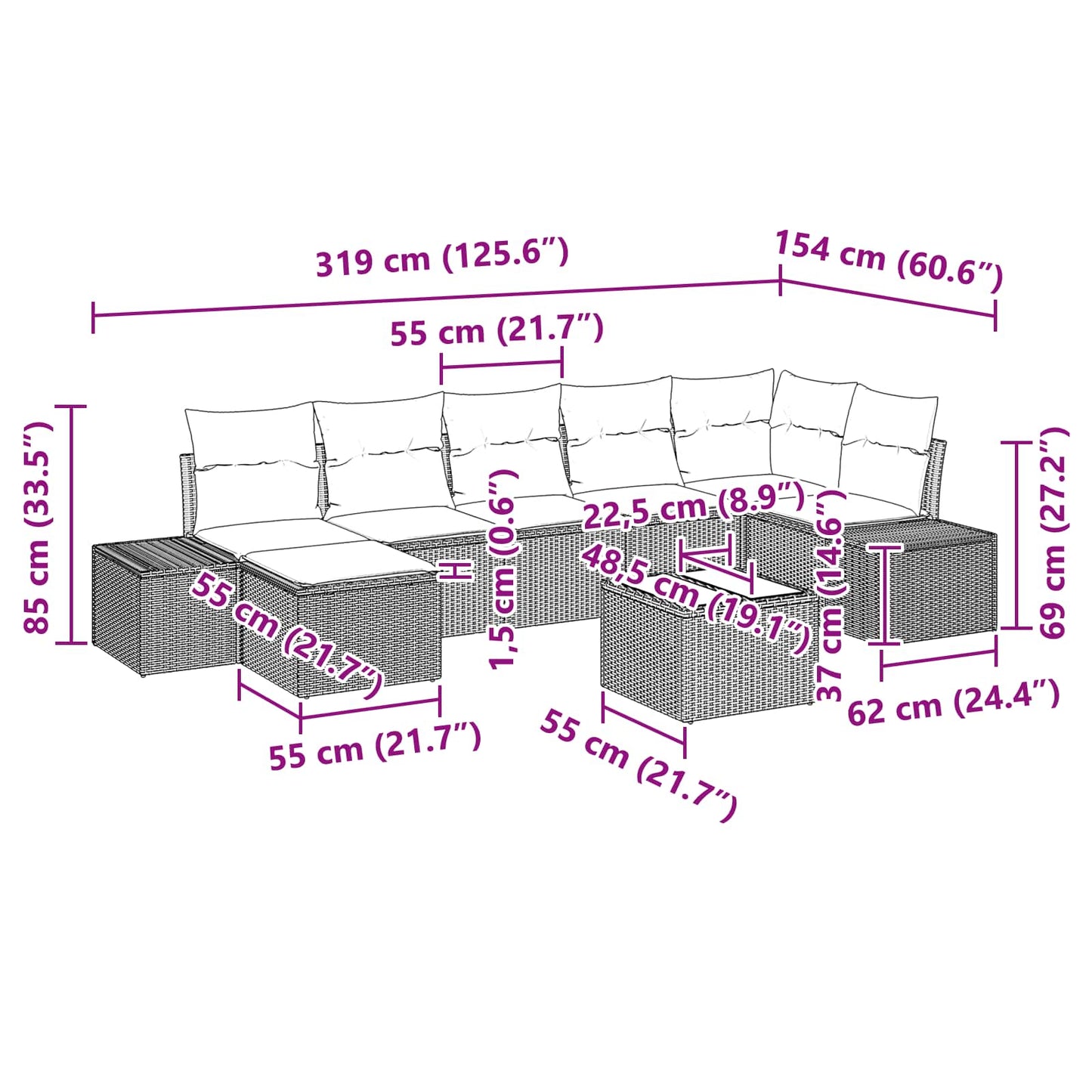 Set Divano da Giardino 8 pz Marrone polyrattan