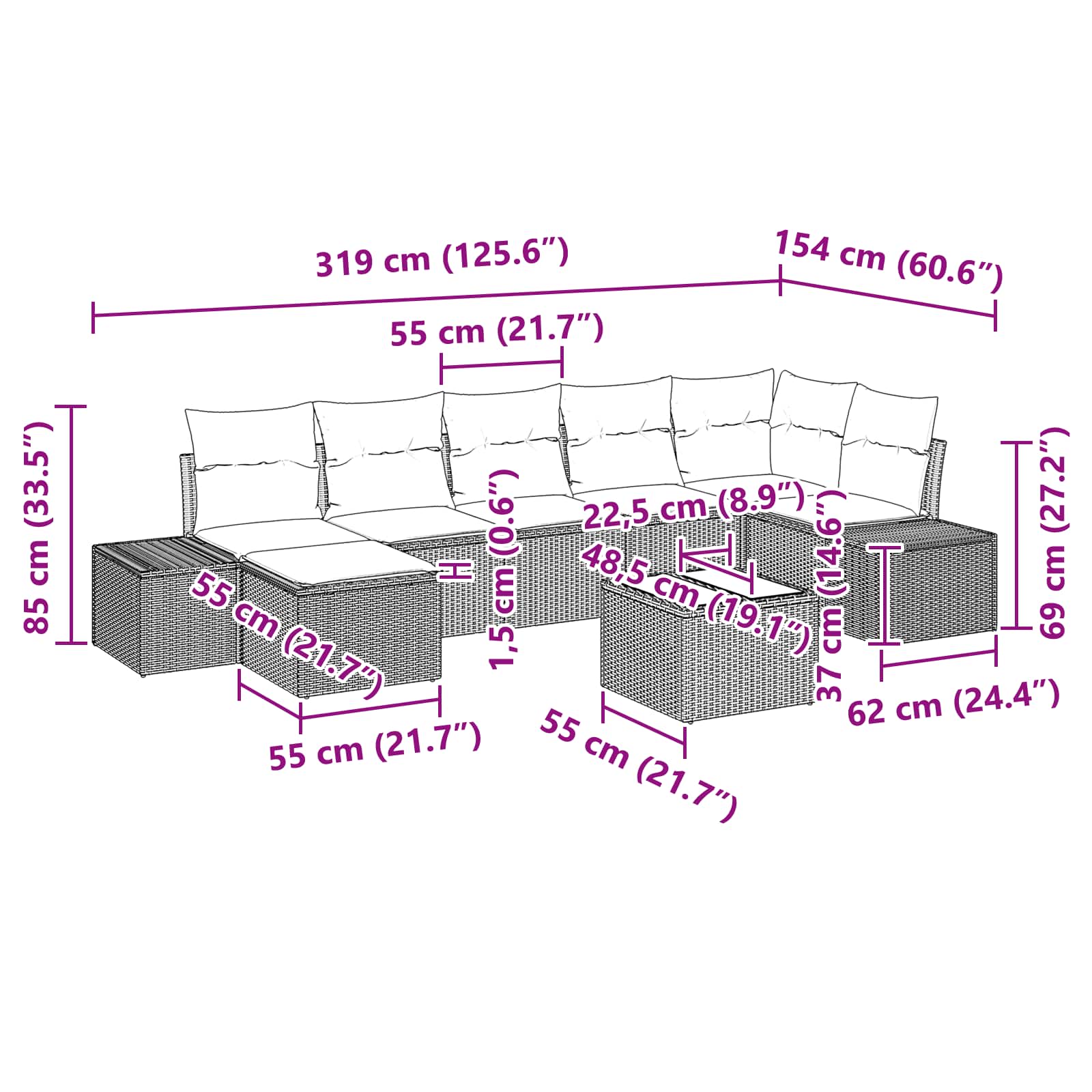 Set Divano da Giardino 8 pz Nero polyrattan | homemem39
