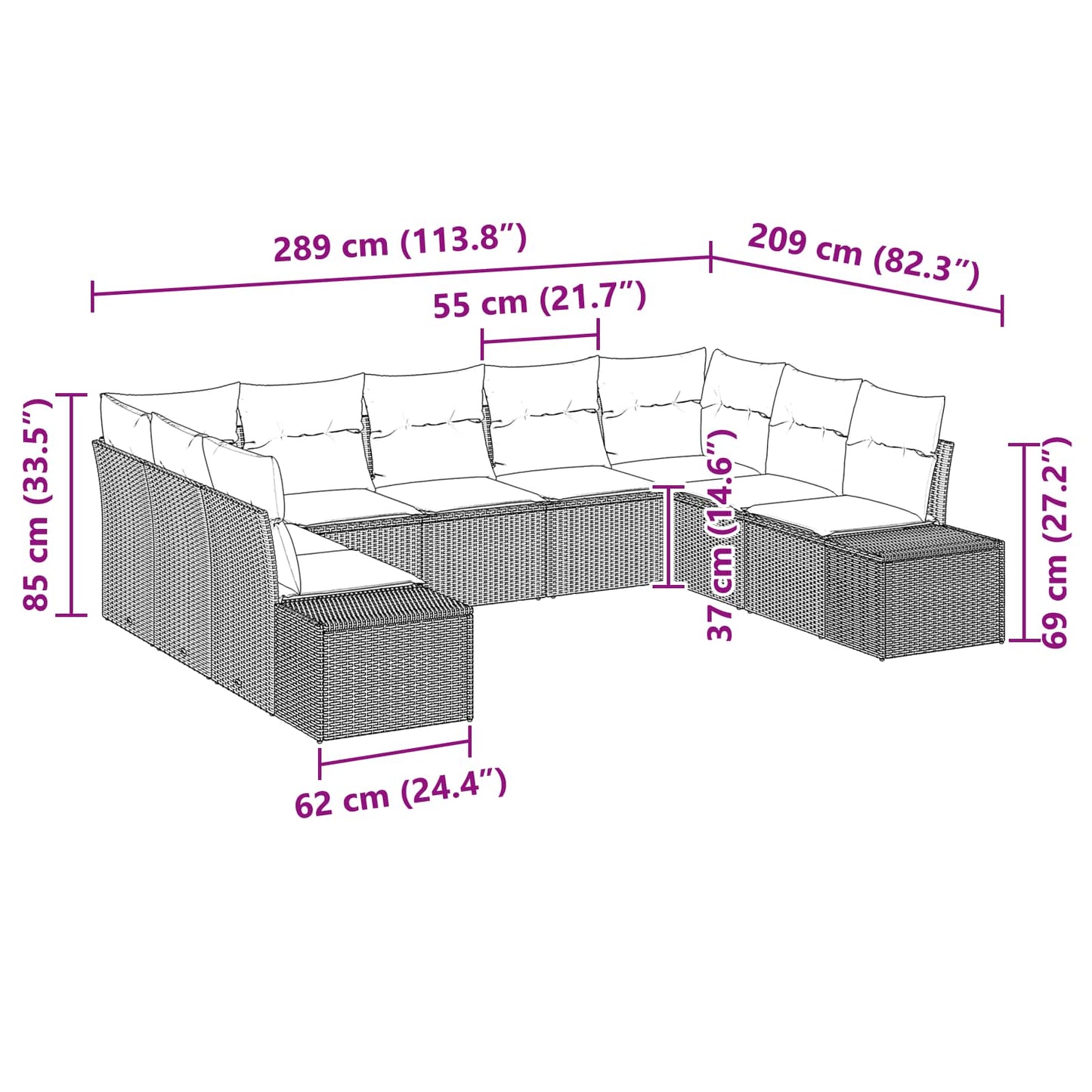 Set Divano da Giardino con cuscino 9 pcs Marrone polyrattan | homemem39