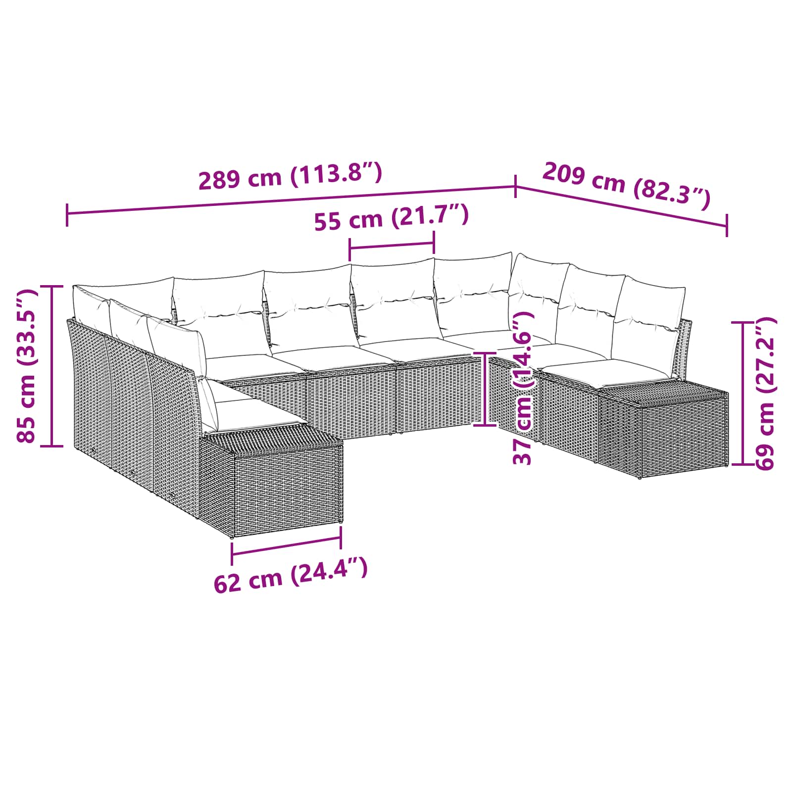 Set Divano da Giardino con cuscino 9 pcs Marrone polyrattan | homemem39