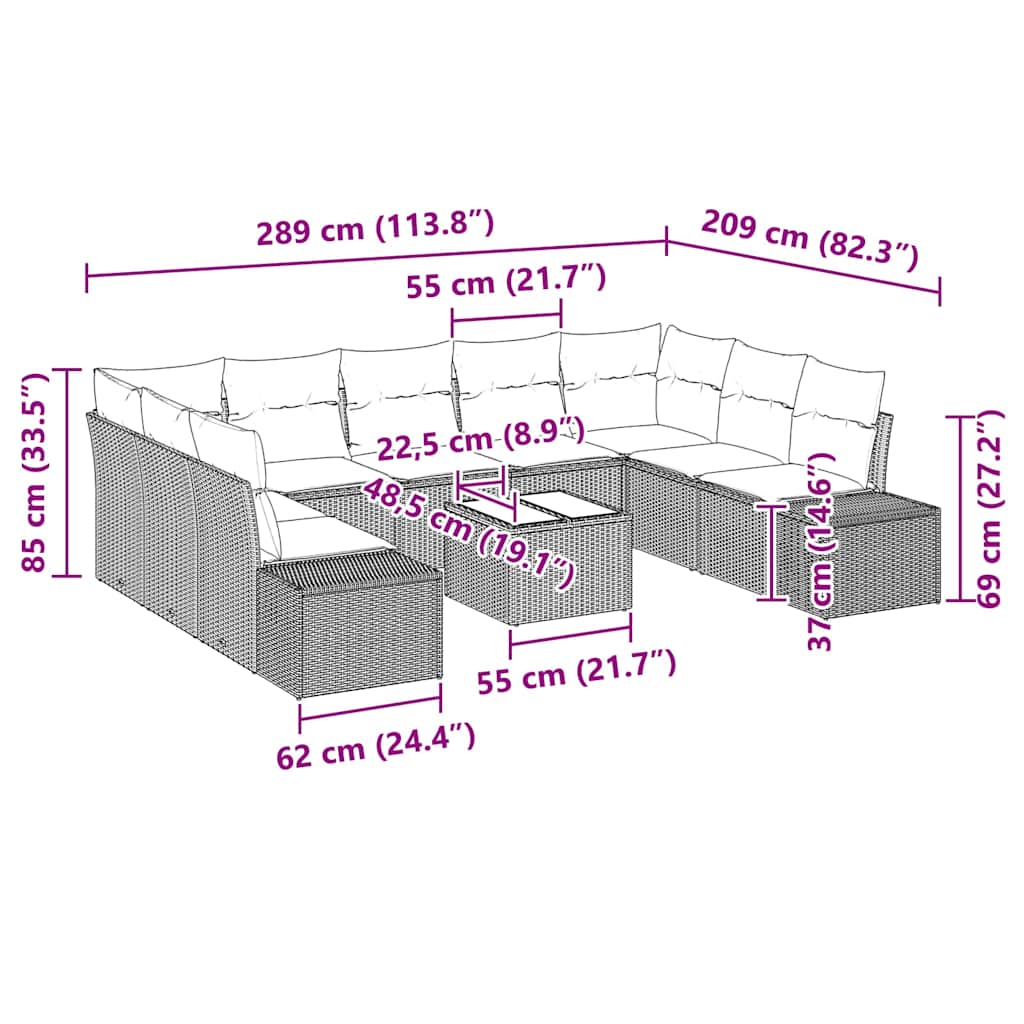 Set Divano da Giardino con cuscino 10 pcs Grigio polyrattan | homemem39
