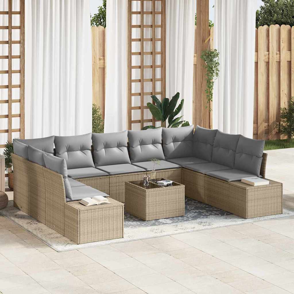 Set Divano da Giardino con cuscino 10 pcs Beige Poly Rattan