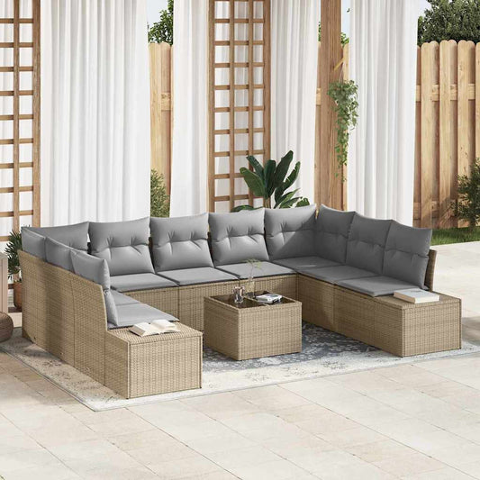 Set Divano da Giardino con cuscino 10 pcs Beige Poly Rattan