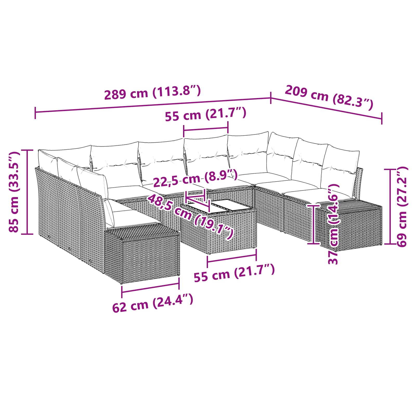 Set Divano da Giardino con cuscino 10 pcs Marrone polyrattan | homemem39