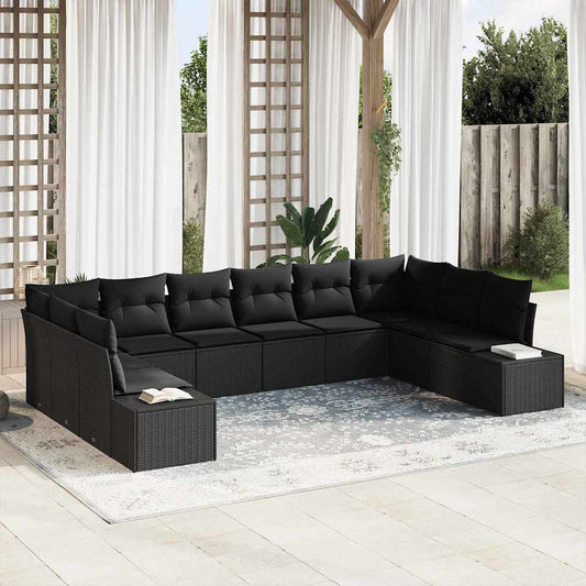 Set Divano da Giardino con cuscino 10 pcs Nero Poly Rattan