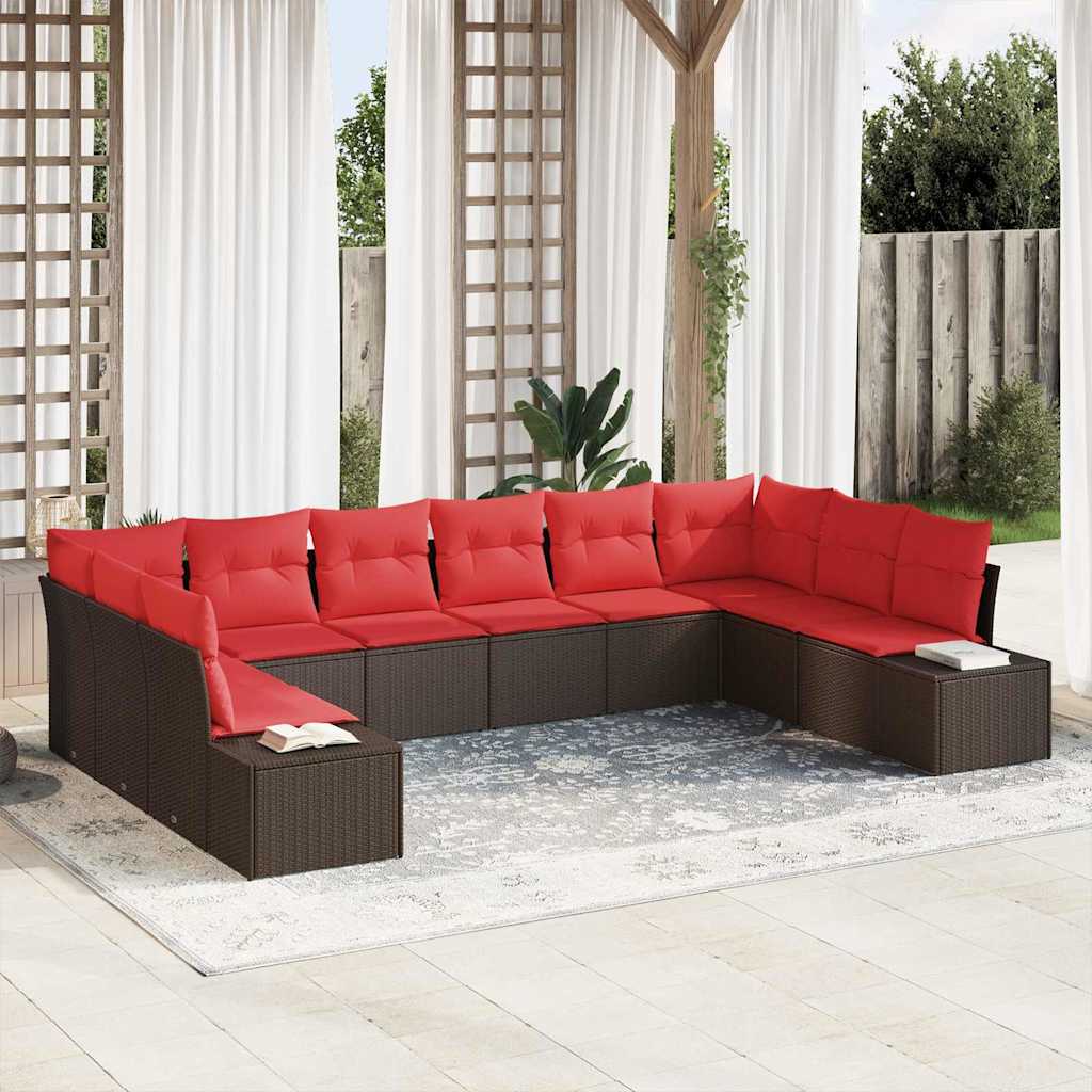 Set Divano da Giardino con cuscino 10 pcs Marrone polyrattan