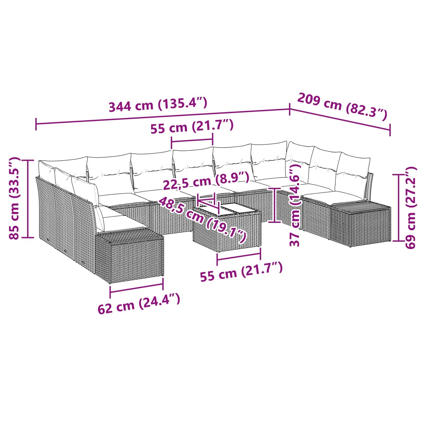 Set Divano da Giardino con cuscino 11 pcs Marrone polyrattan | homemem39